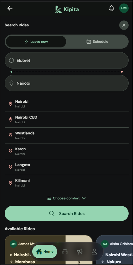 Kipita search screen